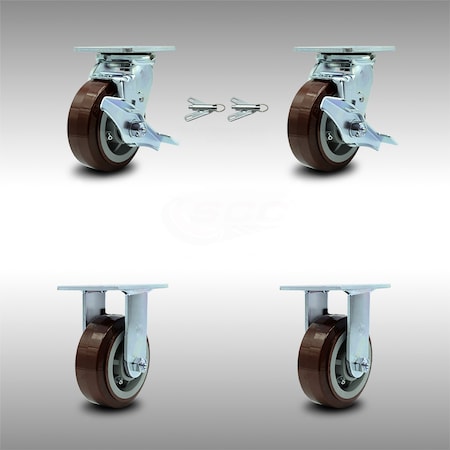 Service Caster 5 Inch Stainless Steel Polyurethane Caster Set with 2 Brakes/Swivel Lock 2 Rigid SCC-SS30S520-PPUB-TLB-BSL-2-R-2